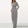 Женские повседневные брюки однотонного цвета с карманами, комплект из двух предметов, топ с длинным рукавом и круглым вырезом, завязка на талии, широкие брюки, наряды