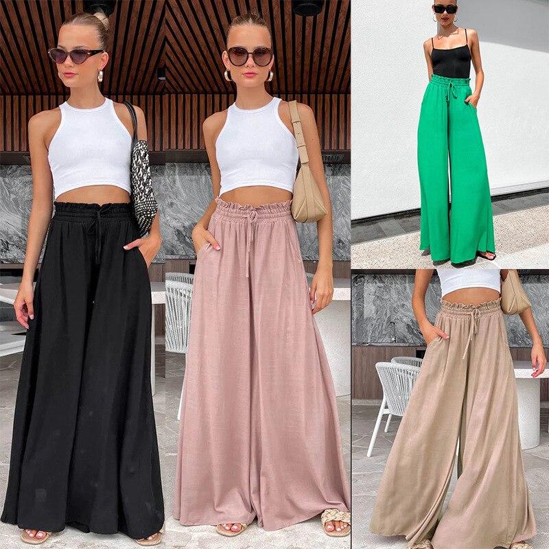 Summer Elastic Waist Edible Tree Fungus Trousers Fashion Loose Pocket Drawstring Pants Casual Solid Green Wide Leg Pants 25550