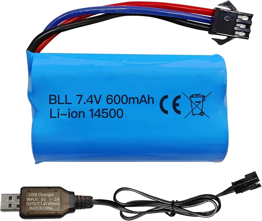 1x Li-ion Аккумулятор 7.4V 600mAh 2S с разъемом SM-3P + USB-кабель – Совместим с радиоуправляемой машиной DE82, TK3086B, TK-3082B, G20601, Машина-перевертыш