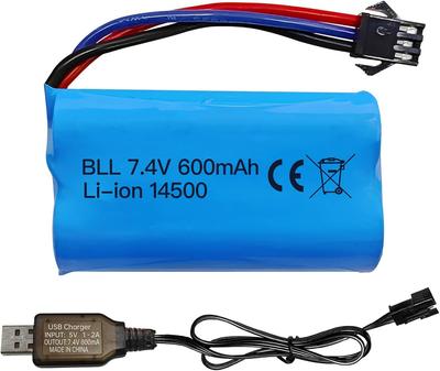 1x Li-ion Аккумулятор 7.4V 600mAh 2S с разъемом SM-3P + USB-кабель – Совместим с радиоуправляемой машиной DE82, TK3086B, TK-3082B, G20601, Машина-перевертыш