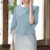 ZANZEA Women Casual Round Neck 3/4 Sleeve Summer Loose Blouse