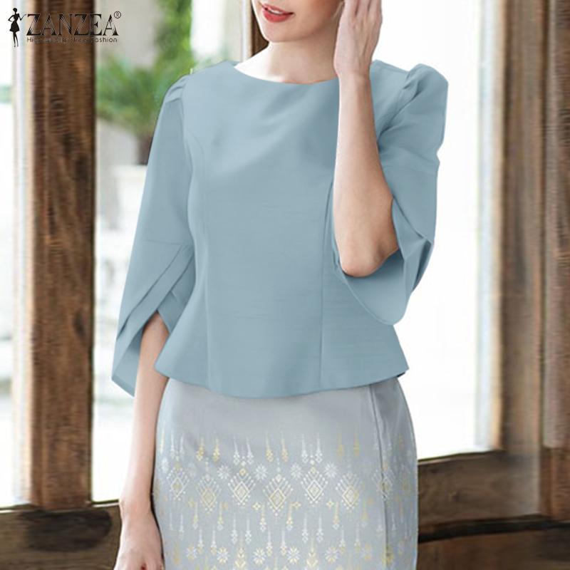 ZANZEA Women Casual Round Neck 3/4 Sleeve Summer Loose Blouse