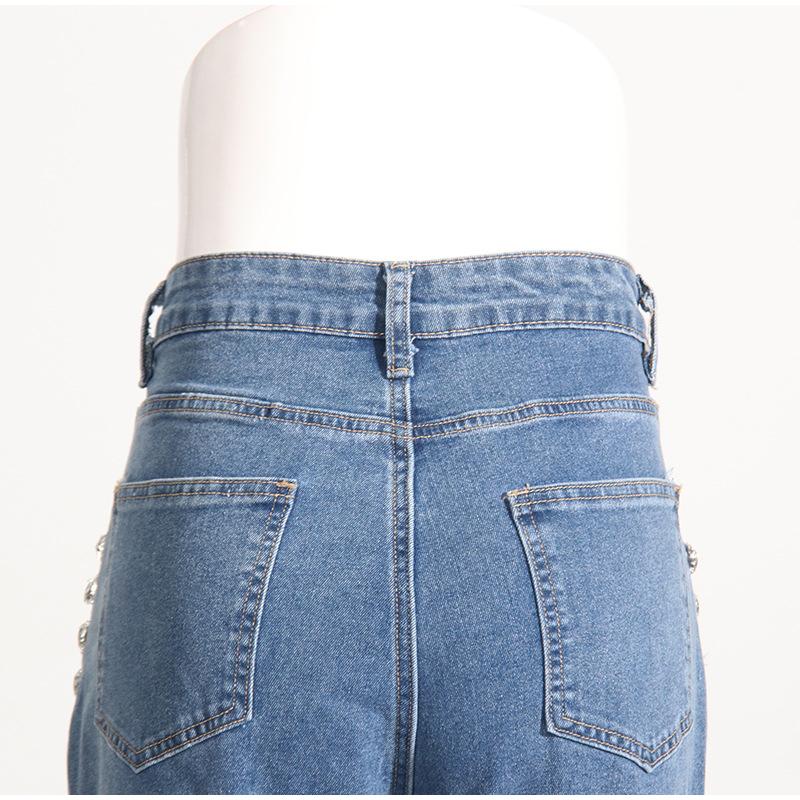 Fashionable Unique Jeans Women's 2025 Spring Autumn New Trendy Rhinestone Embellished Design Sensible Straight-Leg Solid Color Denim Trousers