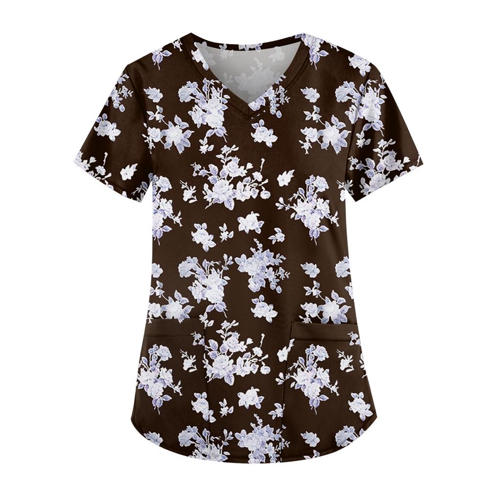 Рабочая форма больших размеров с принтом, топы для женщин, забавные футболки с v-образным вырезом и короткими рукавами, рабочая одежда, футболка с карманами