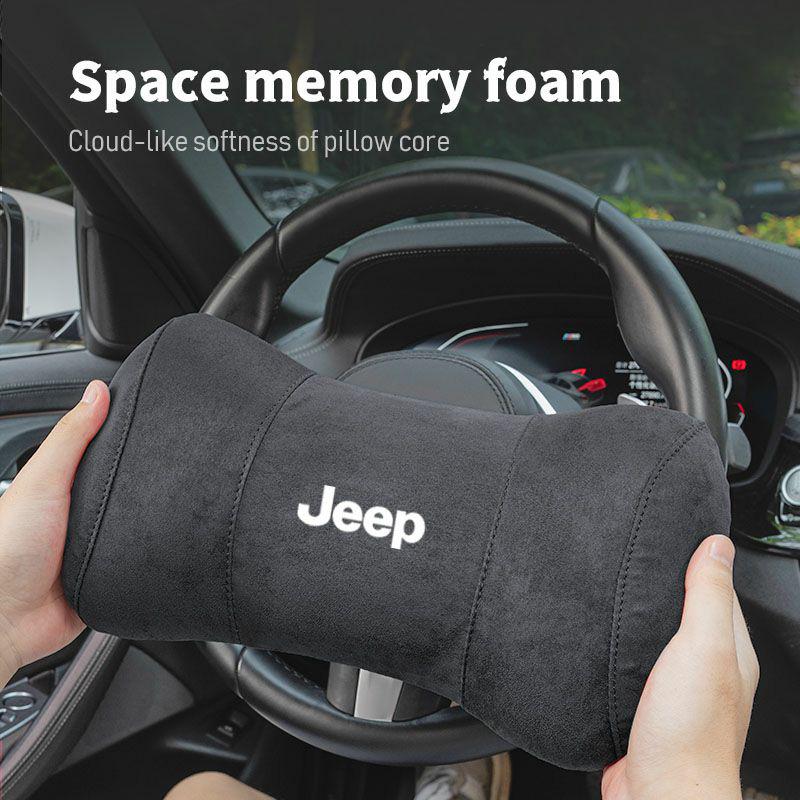 AIY5 Car Suede Headrest Auto Logo Seat Neck Pillow Head Support For Jeep Grand Cherokee Wrangler JK Gladiator Compass Renegade Recon