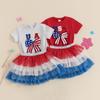 Citgeett Summer Independence Day Kids Toddler Girl 4th of July Outfit Letter Bow Embroidery Short Sleeve Romper Mesh Skirt Set