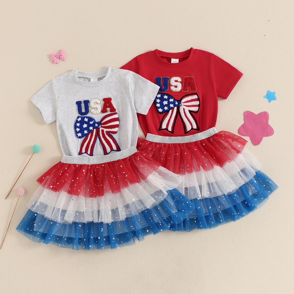Citgeett Summer Independence Day Kids Toddler Girl 4th of July Outfit Letter Bow Embroidery Short Sleeve Romper Mesh Skirt Set