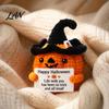Festive Halloween Table Decoration Handmade Crochet Positive Pumpkin with Witch Hat, Fall Boo Basket Stuffer, Artisan Woolen Craft Mini Knitted Plush