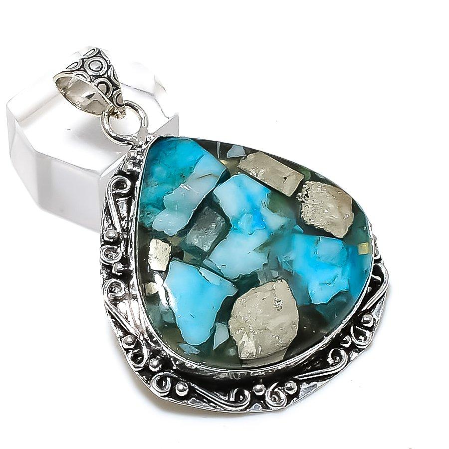 Пирит Бирюза Драгоценный камень 925 Стерлинговое серебро Ювелирное изделие Подвеска 2,09" O9H82