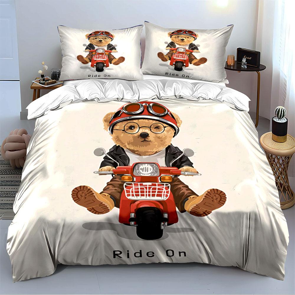 Teddy Bear on Red Scooter Bedding Duvet Cover Set Duvet Cover Pillowcases (1*Duvet Cover 2*Pillowcases, without duvet insert)