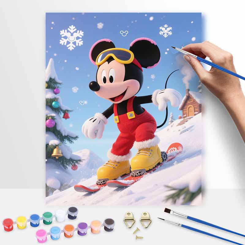 Disney Цифровая масляная живопись микки маус катается на лыжах зима снег рождество сделай сам домашний декор