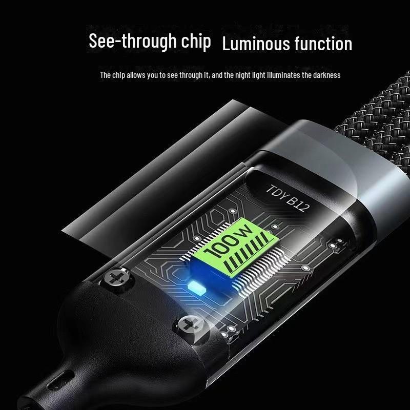 Прозрачный светящийся плетеный кабель для передачи данных и супербыстрой зарядки 3-в-1 мощностью 100 Вт с цифровым дисплеем