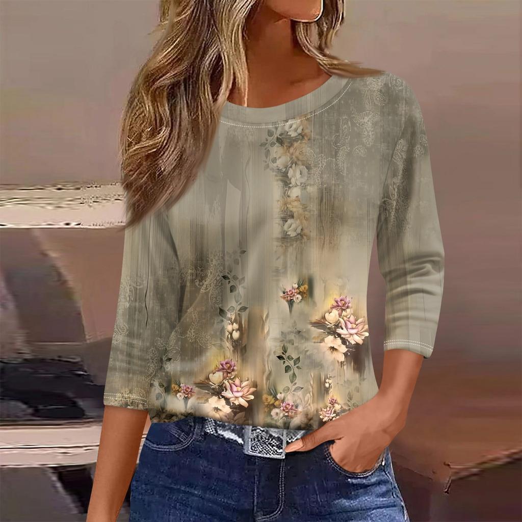 Женская футболка, модная повседневная футболка с круглым вырезом и рукавом 3/4, свободная футболка с принтом, женская футболка