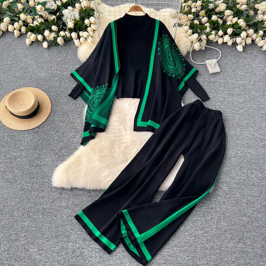 Женские шикарные трикотажные комплекты из двух предметов с рукавами-лодочками, в стиле пэчворк, с круглым вырезом, с разрезом, с высокой посадкой, широкие брюки, модные летние комплекты