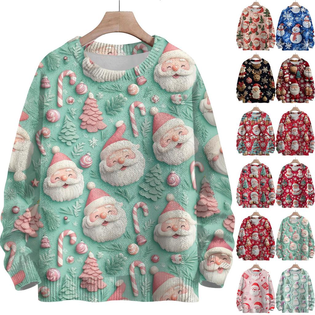 Women's Fashion Round Neck Casual Long Sleeve Christmas Cute Printed Woolen Knit Top