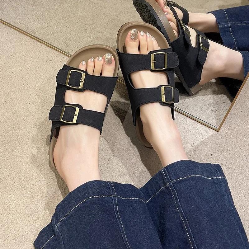 2024 Горячая Распродажа Туфли Женские Летние Женские Тапочки Твердые Флоковые Пряжки Украшения Открытый Носок Низкий Каблук Корейская Версия Тапочки