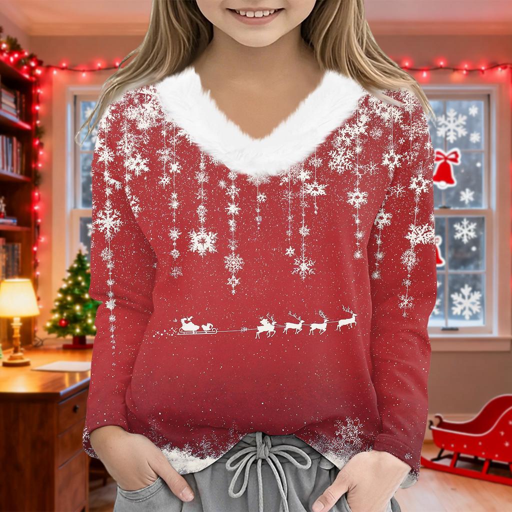 Christmas Day Girls Long Sleeve T Shirts Kids  Girls' V-Neck Tee Christmas Print Long Sleeve Top