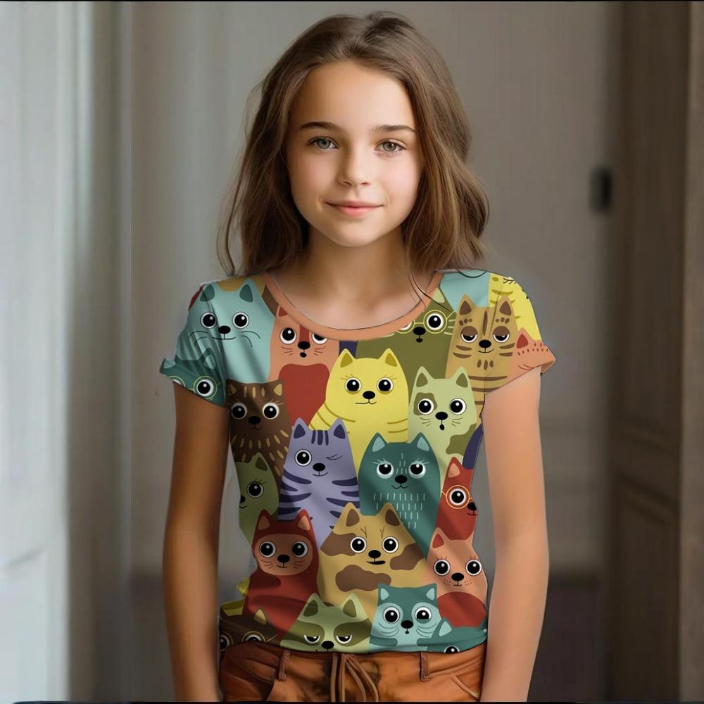 Девочка Одежда Лето Мультяшный Кот Графика Детская Одежда Рисование Короткий Рукав Круглый Вырез Топ