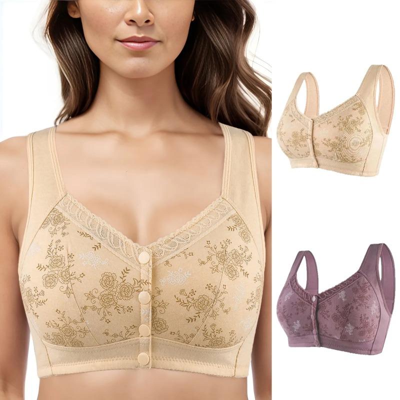 Бюстгальтеры с цветочным принтом для женщин, удобные, большого размера, нижнее белье, застежка спереди, бюстгальтер без косточек, антипровисающее, с застежкой спереди, без косточек
