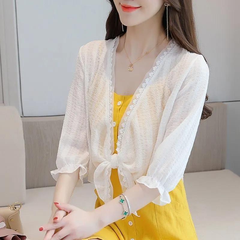 Женские шифоновые топы, летняя наружная короткая солнцезащитная куртка с камзоловой юбкой и шалью, тонкий кардиган, модные рубашки вне дома