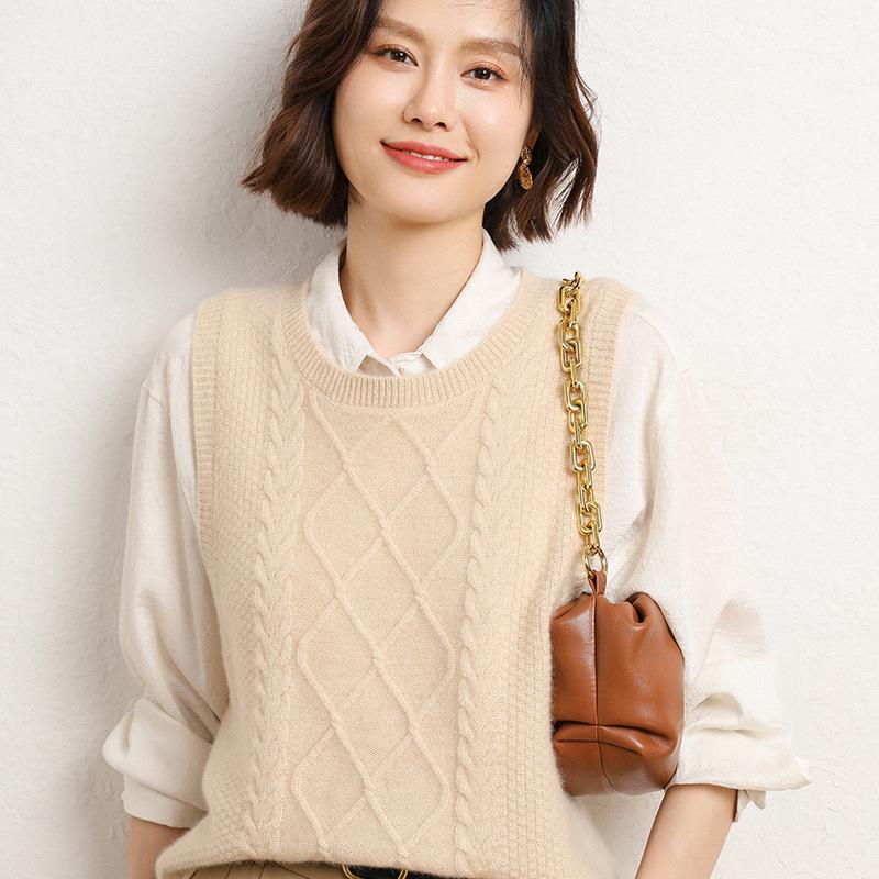 Кардиган-жилет жаккардовой вязки с круглым вырезом для женщин на осень и зиму. Новый свободный и универсальный вязаный жилет без рукавов. Теплый топ.