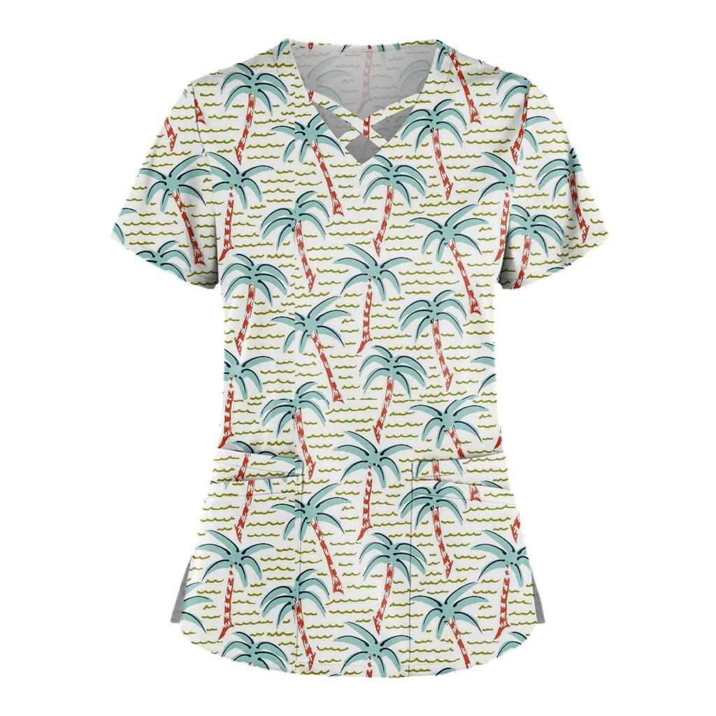 Плюс размер, милая рабочая форма с принтом, топы для женщин, забавные футболки с перекрестным v-образным вырезом и короткими рукавами, рабочая одежда, футболка с карманами