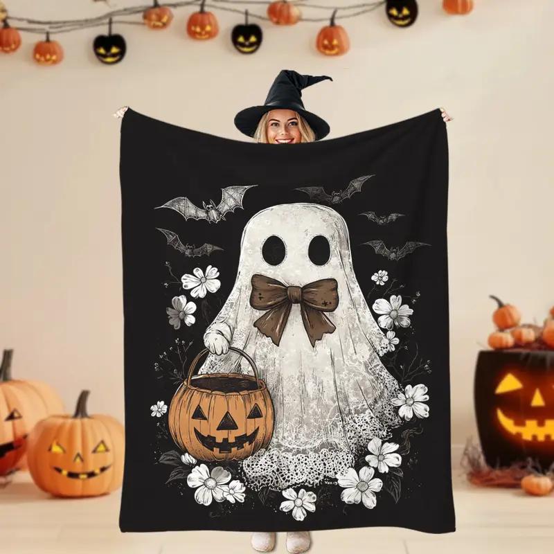 Cozy Halloween Flannel Blanket - Ghost, Bat, and Floral Pattern | Soft and Warm for Napping, Camping, Travel, and the Office