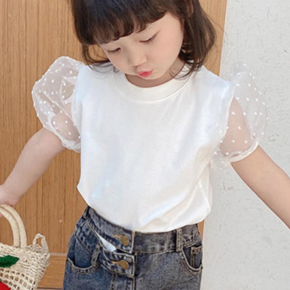 Mesh Patchwork Girls Polka Dot Puff Short Sleeve Tees Summer Kids Party School Tops