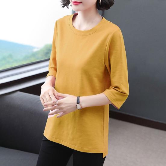 Women Tops O-Neck 3/4 Sleeve Solid Color Elastic Pullover Tops Regular Fit Summer T-shirt Daily Wear
