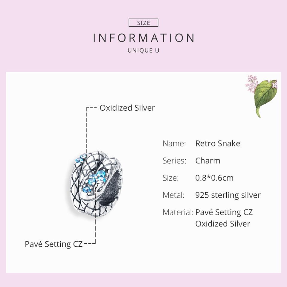 BAMOER Genuine 925 Sterling Silver Jewelry Snake Charm for 3mm Snake Bracelet Retro Style Metal Bead