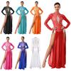 Womens Shiny Rhinestone Lyrical Dance Dress Long Sleeve Backless Design Chiffon Slit Hem One Piece Leotard Dress