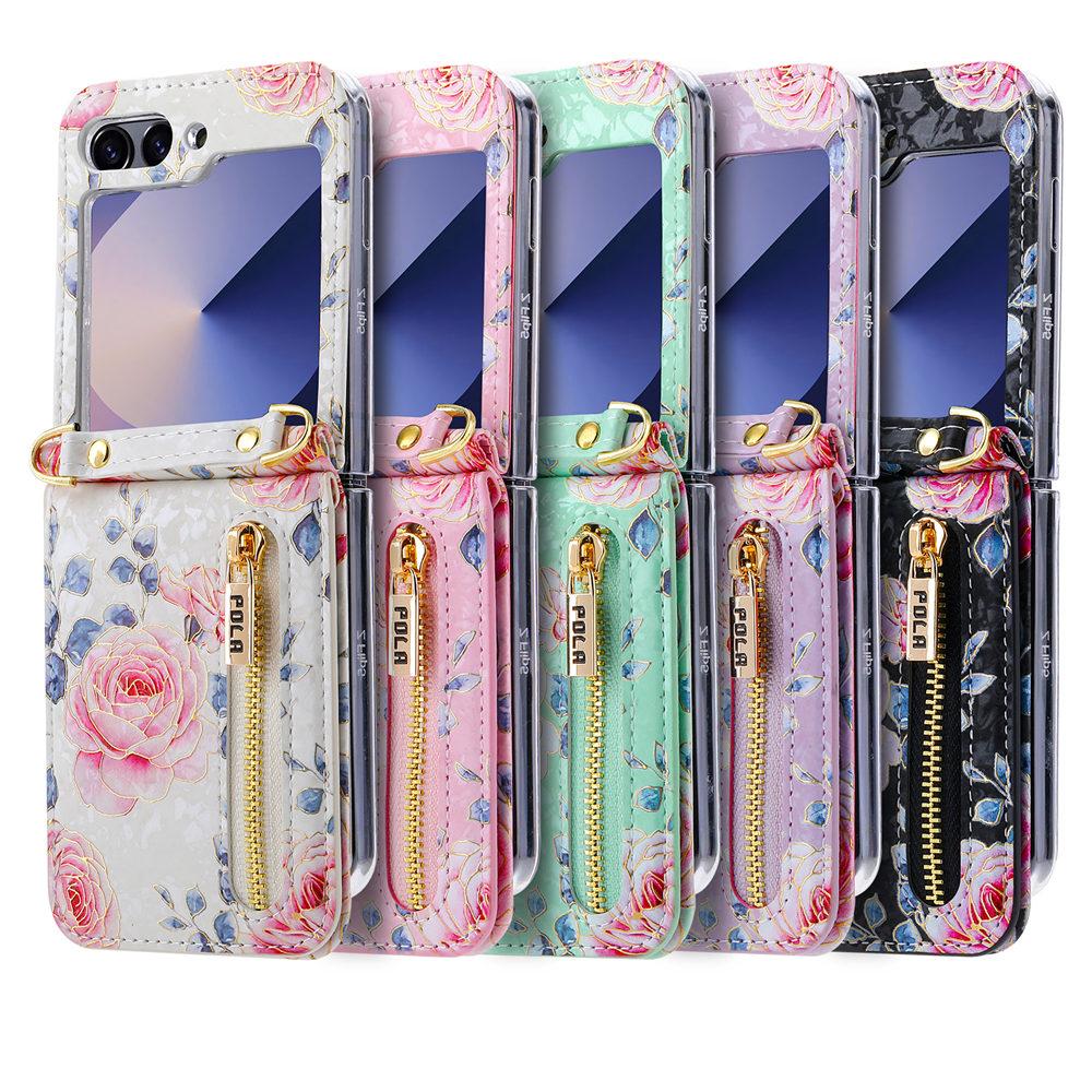Кошелек-кроссбоди на молнии, слот для карт, чехол с цветком для Samsung Galaxy Z Flip 7 6 Flip 5 4 3, кожаный, с длинным ремешком-шнурком, чехол