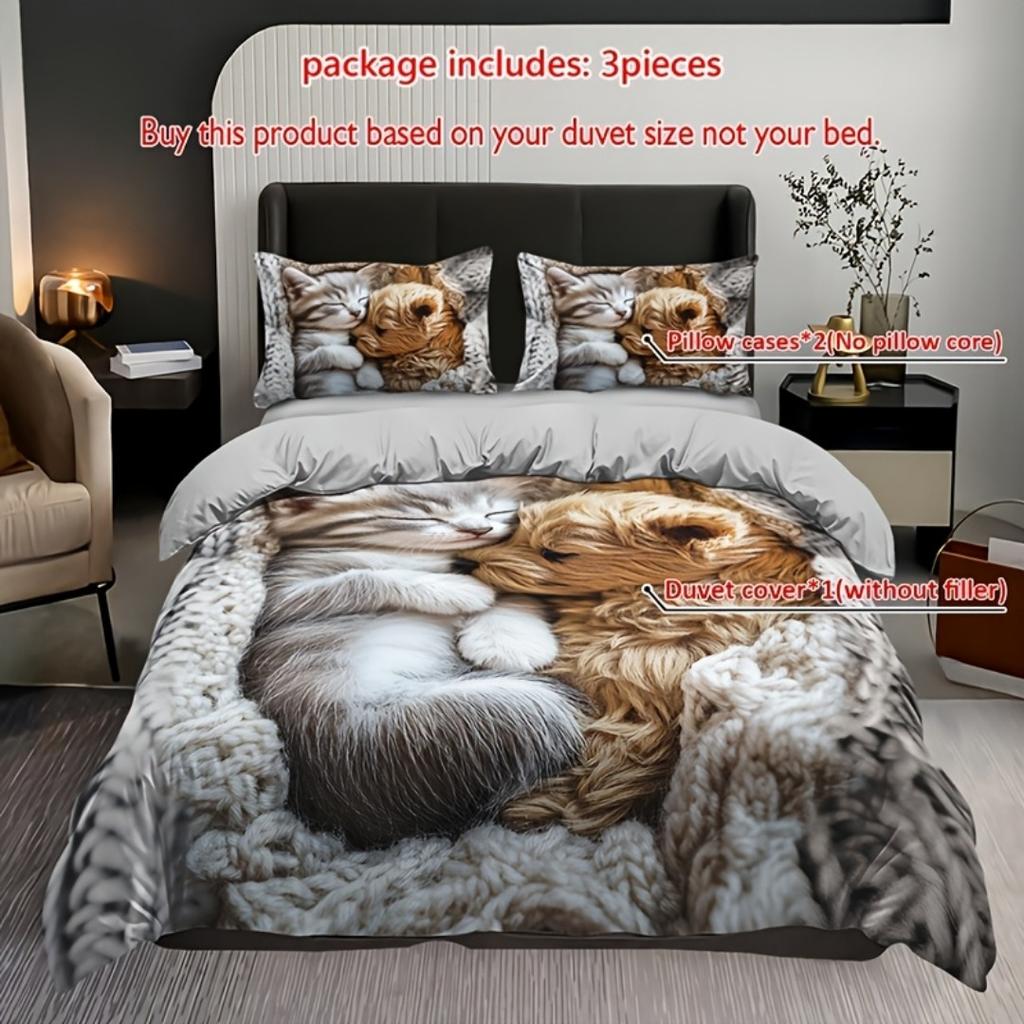 3pcs Lovely Cats Dogs 3D Printed Bedding Set Cozy Comfortable Duvet Cover King Queen Twin Size Birthday Gift Bedroom Decoration