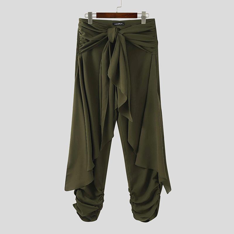 INCERUN Мужские повседневные полупрозрачные брюки-шаровары со шнуровкой и неровными слоями, со складками