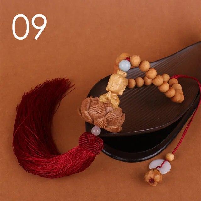 Chinese Style Wooden Carved Lotus Buddha Statue Car Pendant Creative Lucky Fortune Jewelry Decor Xmas Charming Car Accessories