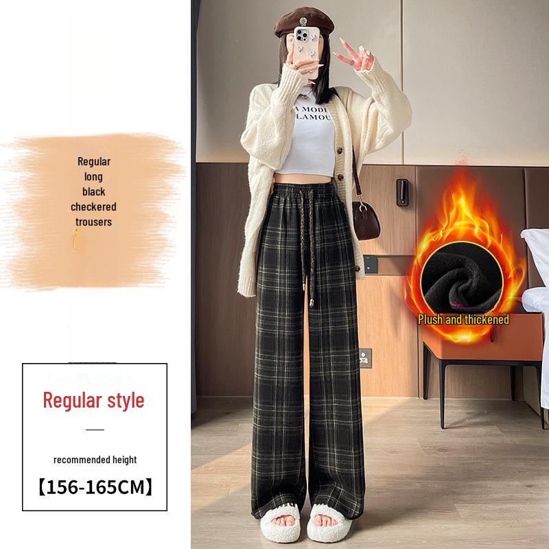 Women's Retro High-Waist Wool Plaid Pants - Contrast Color, Wide-Leg, Floor-Length, Velvet-Lined for Autumn/Winter 2024