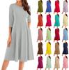 Women's Casual Fashion Round Neck Three Quarter Sleeve Solid Color Midi Dress