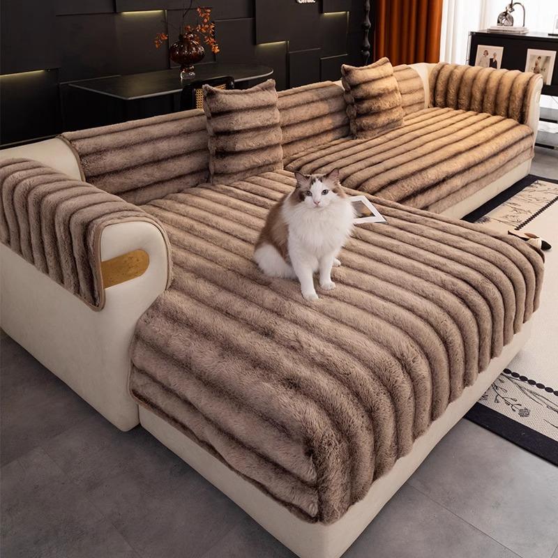 Премиальная плюшевая подушка для дивана из кроличьего меха, зимняя утолщенная нескользящая подушка для сиденья, новый всеобъемлющий чехол-полотенце для кожаного дивана