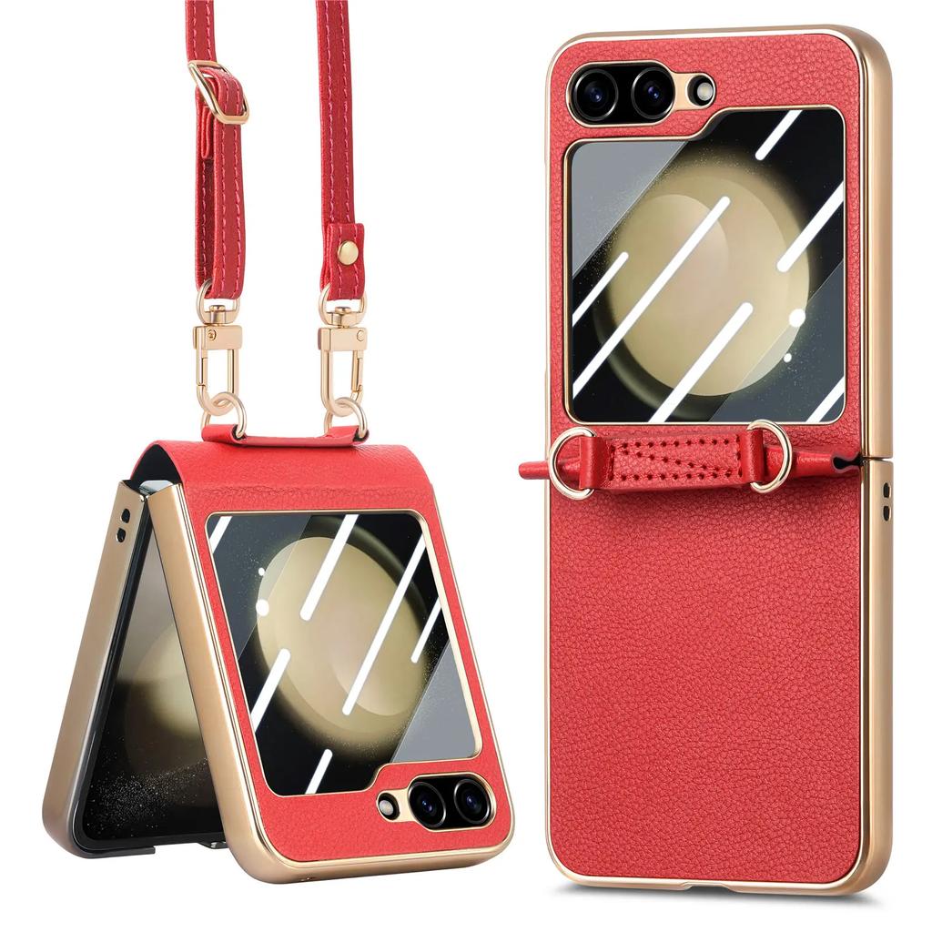 Кроссбоди Шнурок Гальваническое покрытие PU Кожа Чехол для телефона для Samsung Galaxy Z Flip 5 Flip5 5G Жесткий Чехол Ударопрочная Накладка