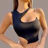 Cut Out Rib Knit Crop Top Women High Street Grunge Asymmetrical Summer Neck Sleeveless Tank Top Streetwear
