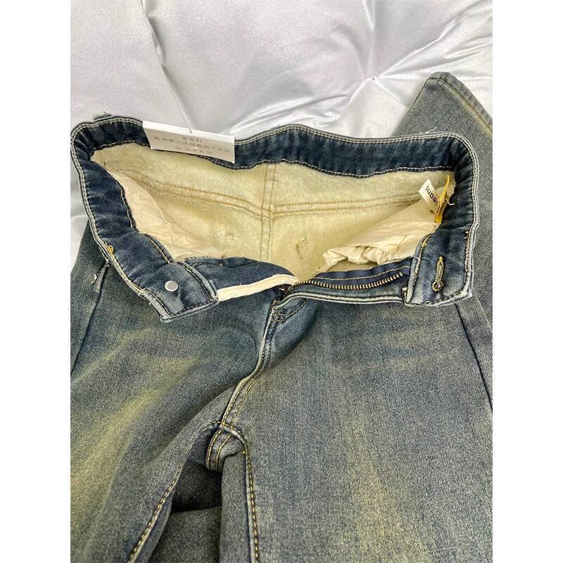 Женские расклешенные плюшевые джинсы с высокой талией - Осень/Зима 2024 - Эластичные брюки больших размеров, закрывающие бедра