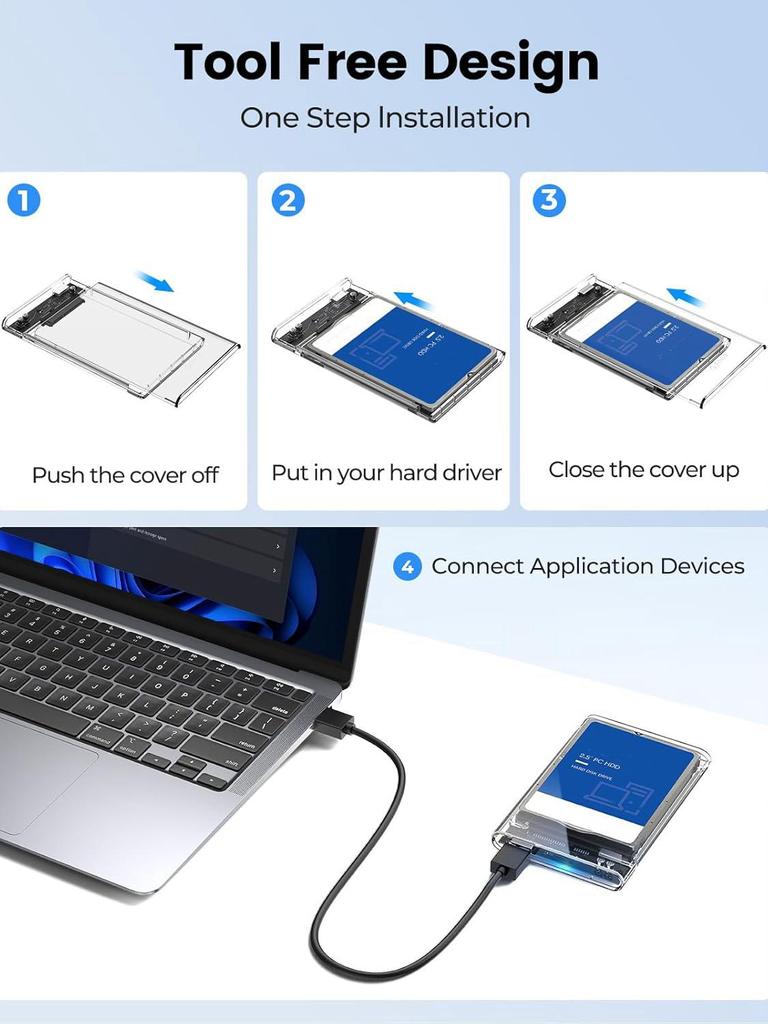 2.5'' External Hard Drive Enclosure USB 3.0 To SATA III Tool-Free Clear Hard Disk Case for 2.5 Inch 7mm 9.5mm SATA HDD SSD Max 6TB Support UASP