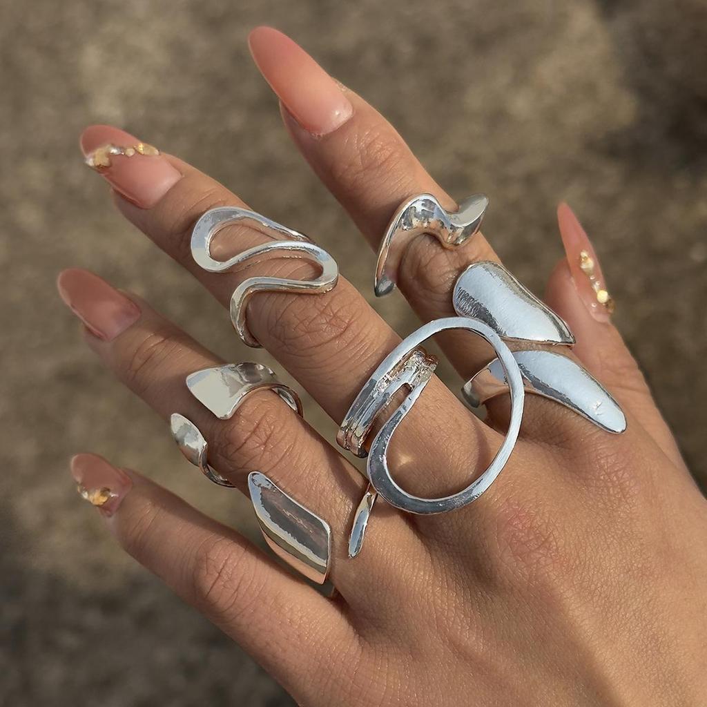 6PCS Fashion Sense Of Technology Irregular Alloy Rings Set Jewelry for Women Girls Party Future Style Finger Rings