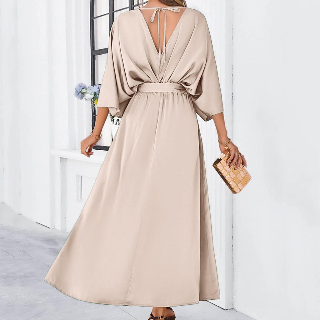 Temperament Slim V Neck Dress Womens Wedding Guest Midi Dresses Solid Formal Long Dresses