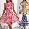 Women Summer Holiday Dress Ladies Boho Beach Loose Floral Ruffles Short Sun Dresses