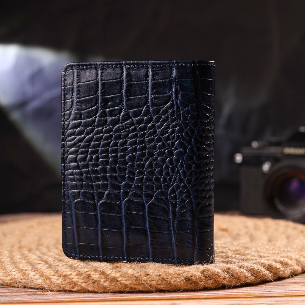 Практичный вертикальный Женский кошелек из натуральной кожи с тиснением под крокодила CANPELLINI Wallet 21677 Синий