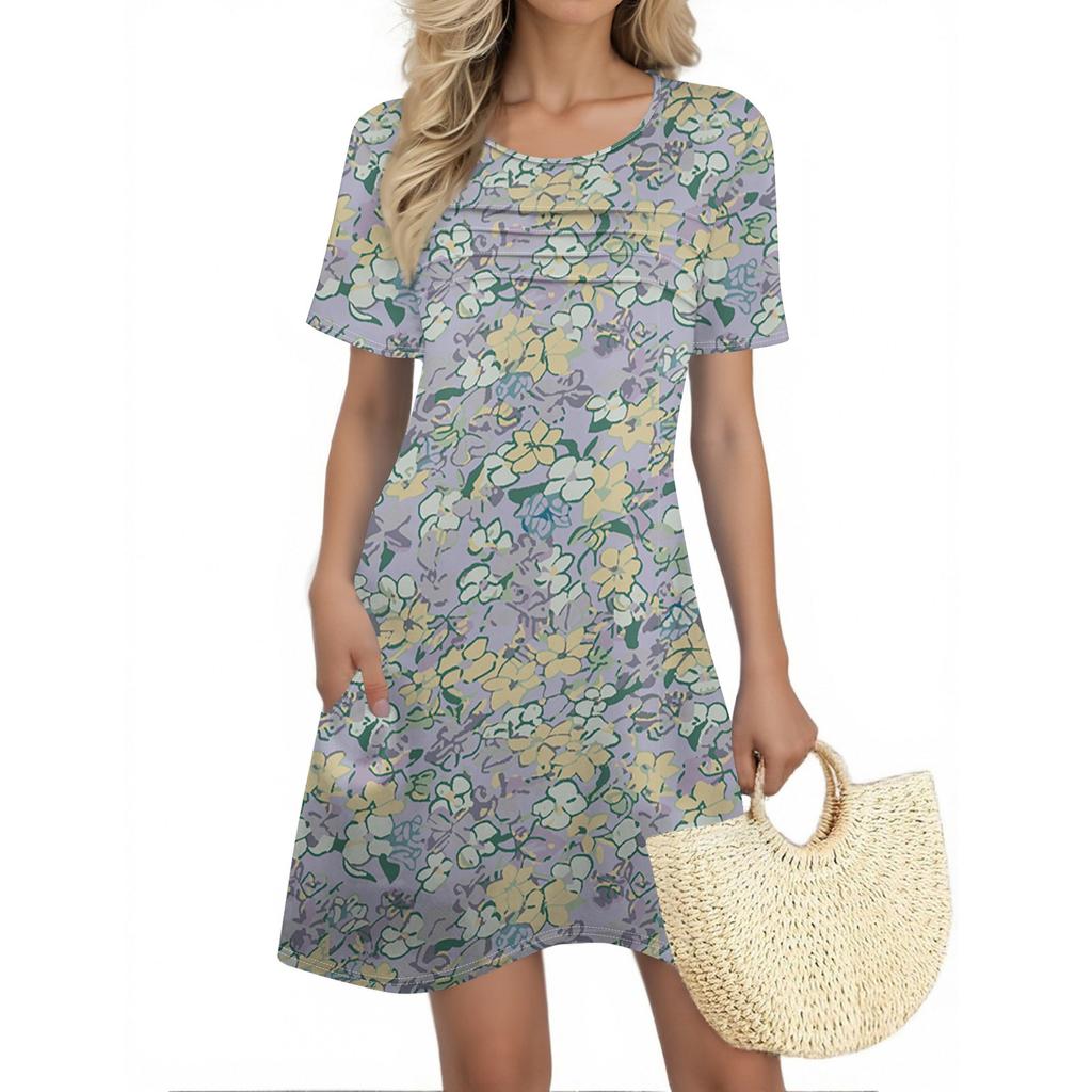 Женские летние платья Женские летние платья с цветочным принтом Повседневные платья с коротким рукавом и круглыми карманами