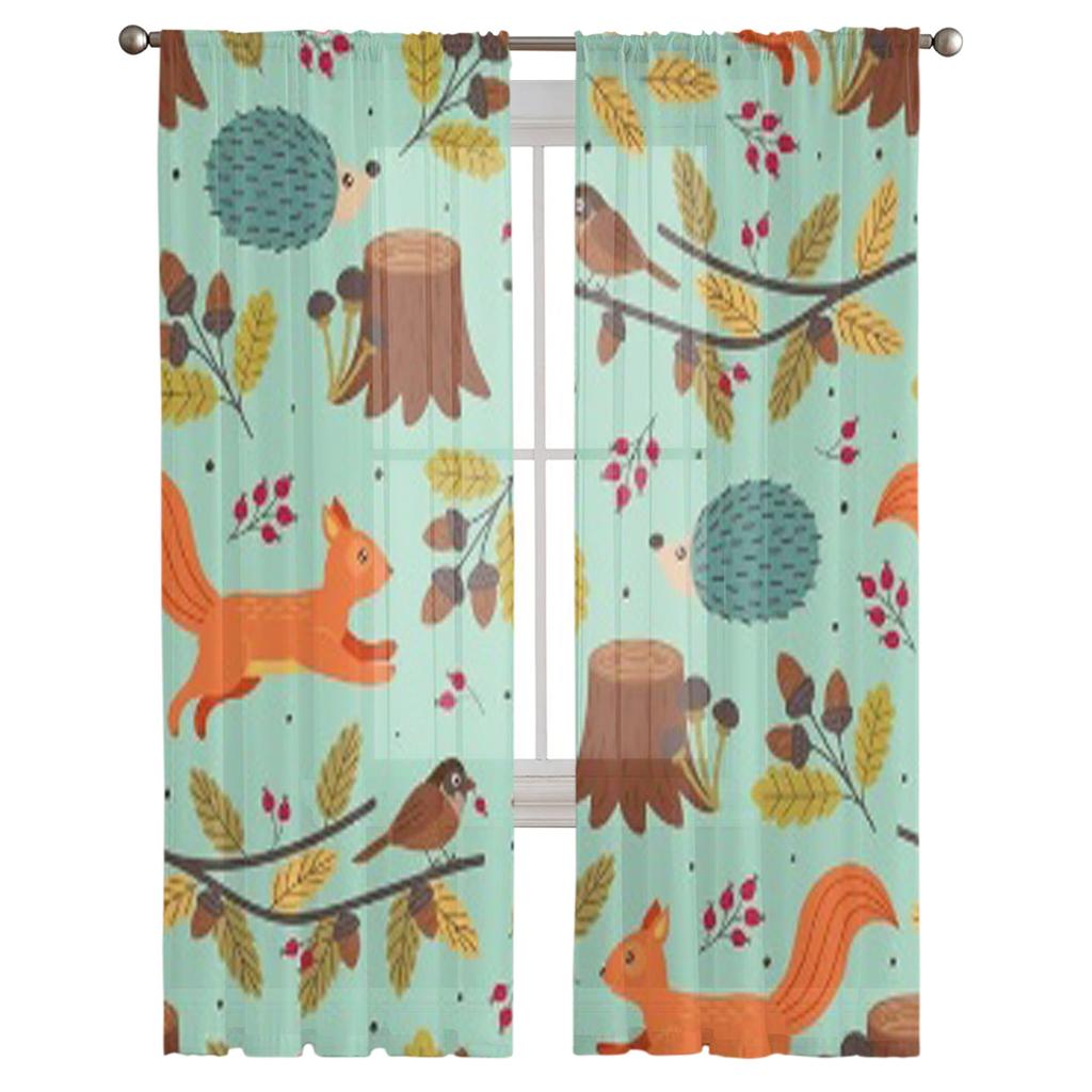 Осенние лесные животные, прозрачные шторы для гостиной, прозрачный тюль, занавески для окон, спальни, кухни, домашний декор, вуаль, шторы