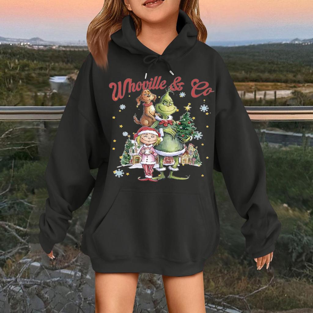 Детская модная повседневная толстовка с капюшоном свободного кроя с длинными рукавами и рождественским принтом