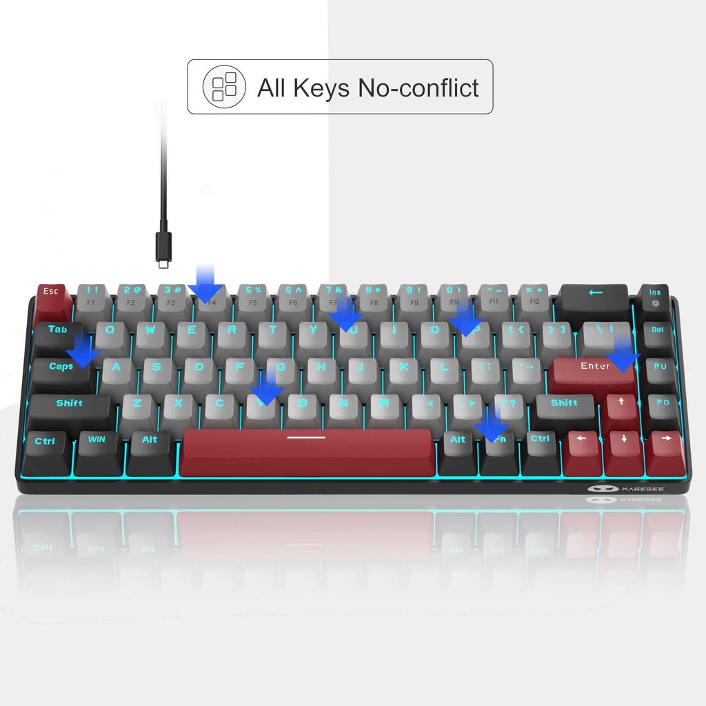 MageGee портативная механическая игровая клавиатура с синей светодиодной подсветкой, компактная 68-клавишная проводная мини-клавиатура для офиса с коричневыми переключателями для ноутбуков Windows, ПК, Mac